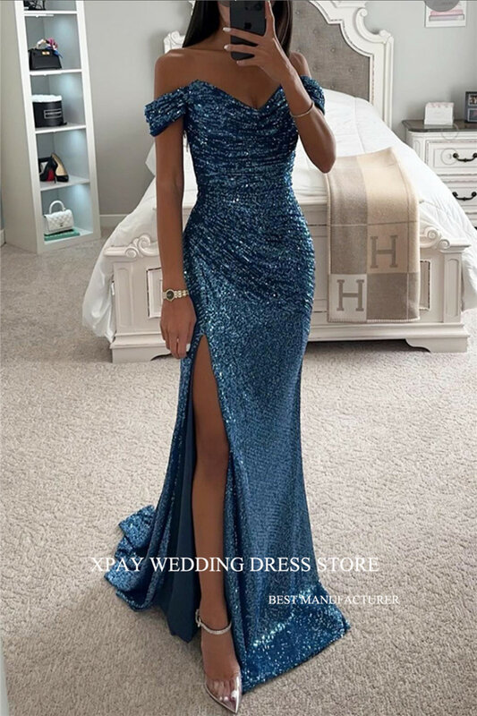 XPAY 반짝이 블러쉬 인어 무도회 드레스, 반짝이는 오프 숄더 슬리브, 스플릿 긴 이브닝 가운, 파티 웨딩 드레스