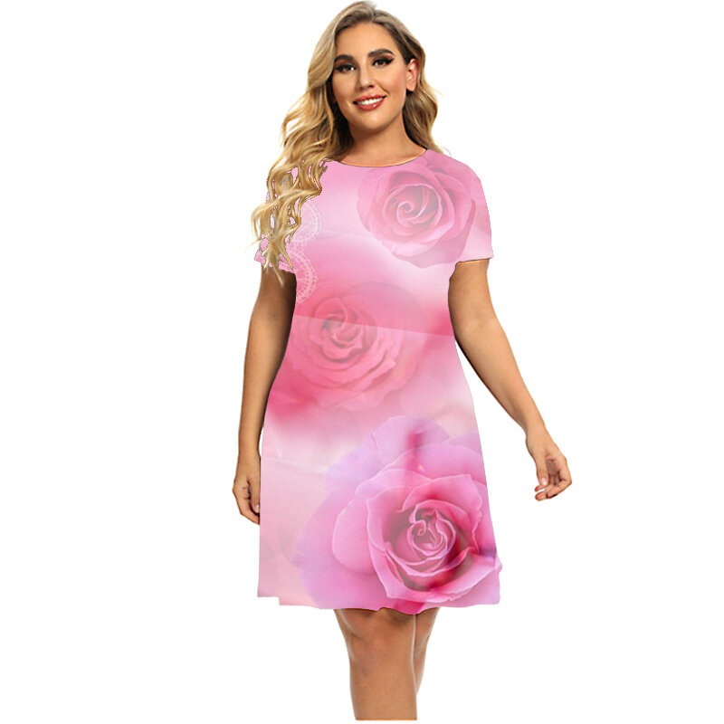 Red Rose Floral Print Dresses For 2023 Women Fashion Short Sleeve A-Line Dress Summer O-Neck Ladies Loose Plus Size Clothing 6XL
