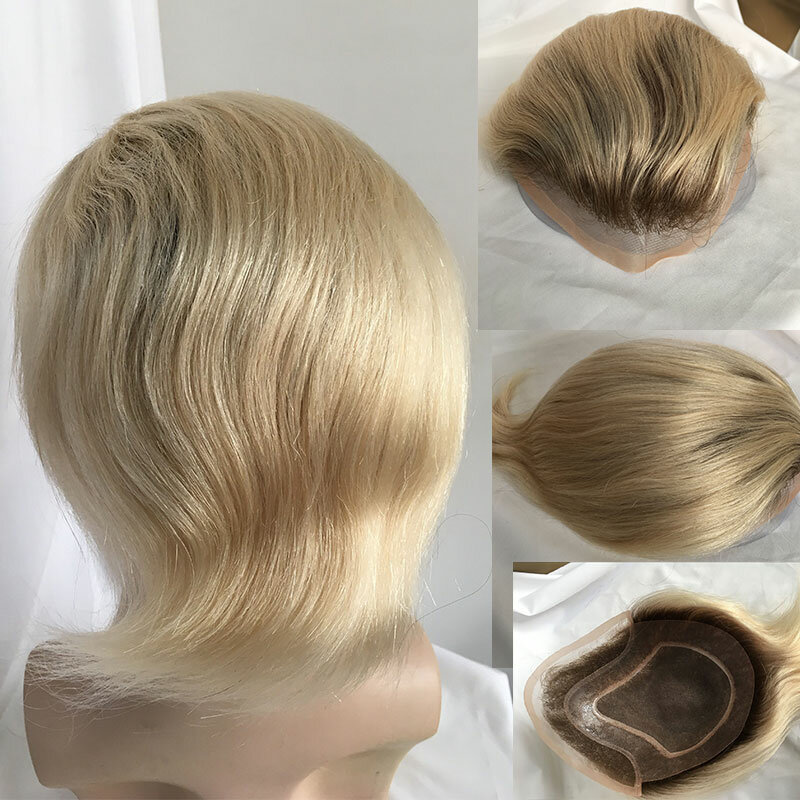 100%Human Hair WigsToupee for Men Hair Pieces Men's Toupee Super Thin Mono Lace with PU Around Ombre Blonde Color10" x 8" Toupee