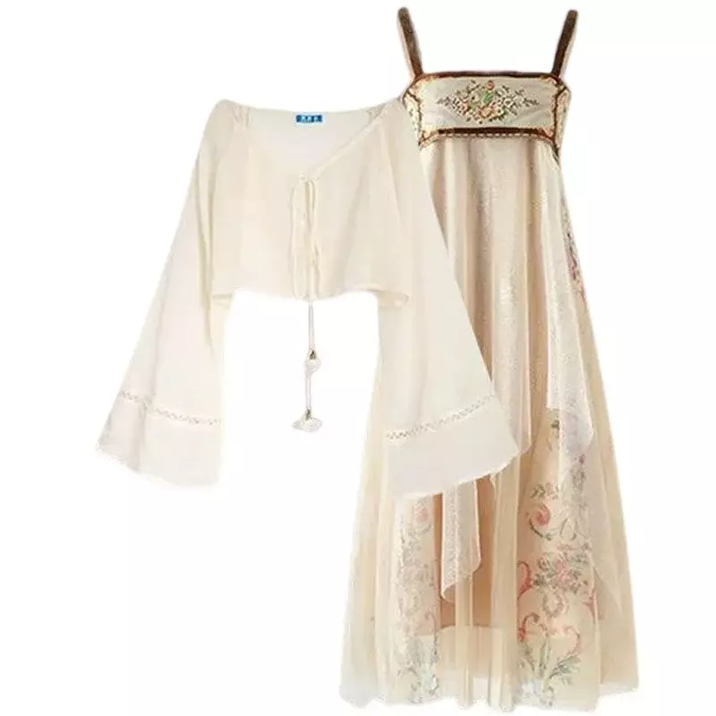 Terno feminino de verão, roupa de hanfu, blusa de chiffon, vestido de alças, conjunto de duas peças, hanfu chinês tradicional, 2023