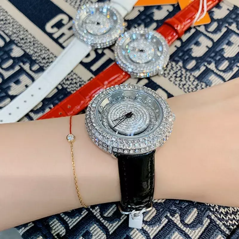 Relógio de quartzo rotativo diamante completo para mulheres, alça minimalista, moda lazer, presente menina, luxo, senhora, temperamento