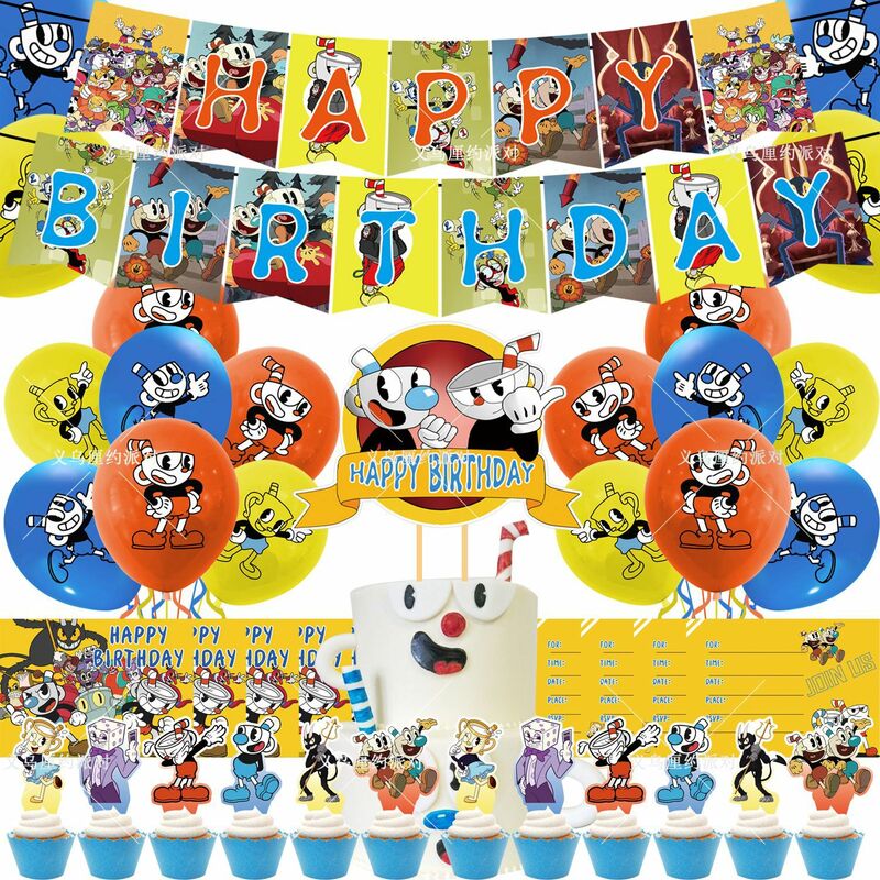 Cupheads Theme Balloon Arch Kit, Happy Birthday Decoration, Party Favor Banner, Cake Toppers, Supplies for Kids, Boy Gift