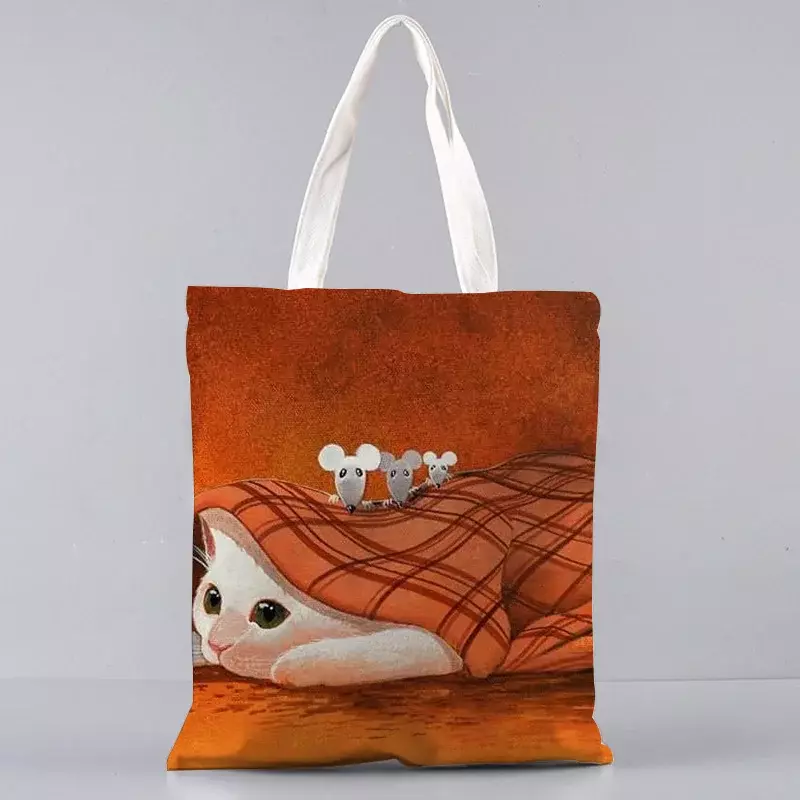 The Cat and the Starry Sky Oil Painting Cat  Womens Designer Tote Bags Linen Reusable Shopping Bag For Groceries Shoulder Bags
