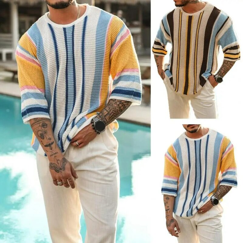 Casual Sweater Striped Print Men's Sweater with Round Neck Half Sleeves Color Matching Loose Pullover for Summer Fall Spring