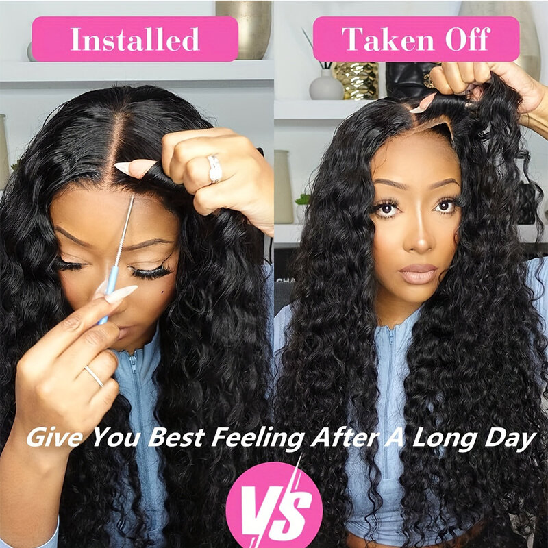 Ready To Wear Pre Plucked 180% No Glue Pre Cut Lace Closure Wigs Water Wave Human Hair Long 34Inch Natural Black Glueless Wigs