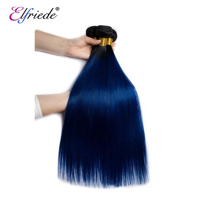 Elfriede #T1B/Blue Straight Ombre Colored Hair Bundles with Frontal Remy 100% Human Hair Weaves 3 Bundles with Lace Frontal 13x4