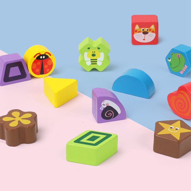 Mainan edukasi anak-anak, 12 blok hewan geometris kayu permainan sortiran Puzzle bentuk warna pengenalan untuk anak-anak