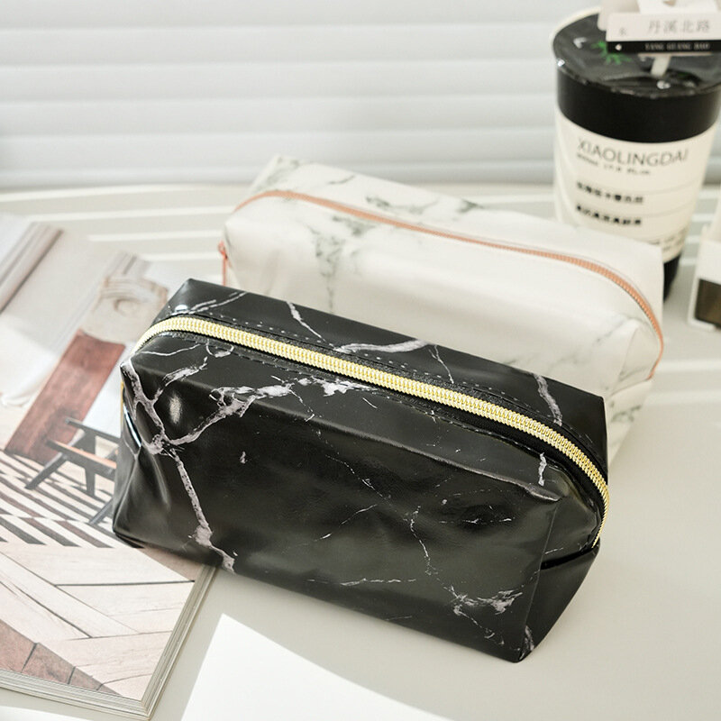 女の子のための大理石の鉛筆バッグ,流行のペンシルケース,化粧品バッグ,小銭入れ,黒と白