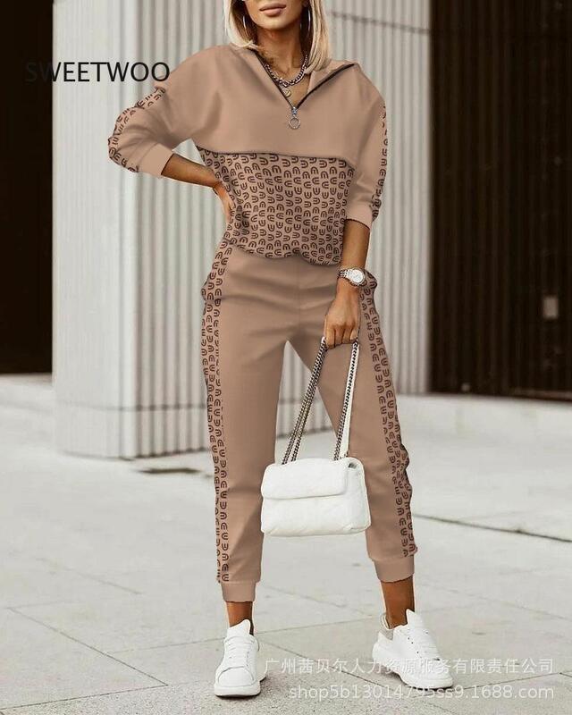 2022 primavera outono feminino moda impressão splicing agasalhos conjuntos de duas peças feminino casual manga longa com decote em v topo jogging pant terno