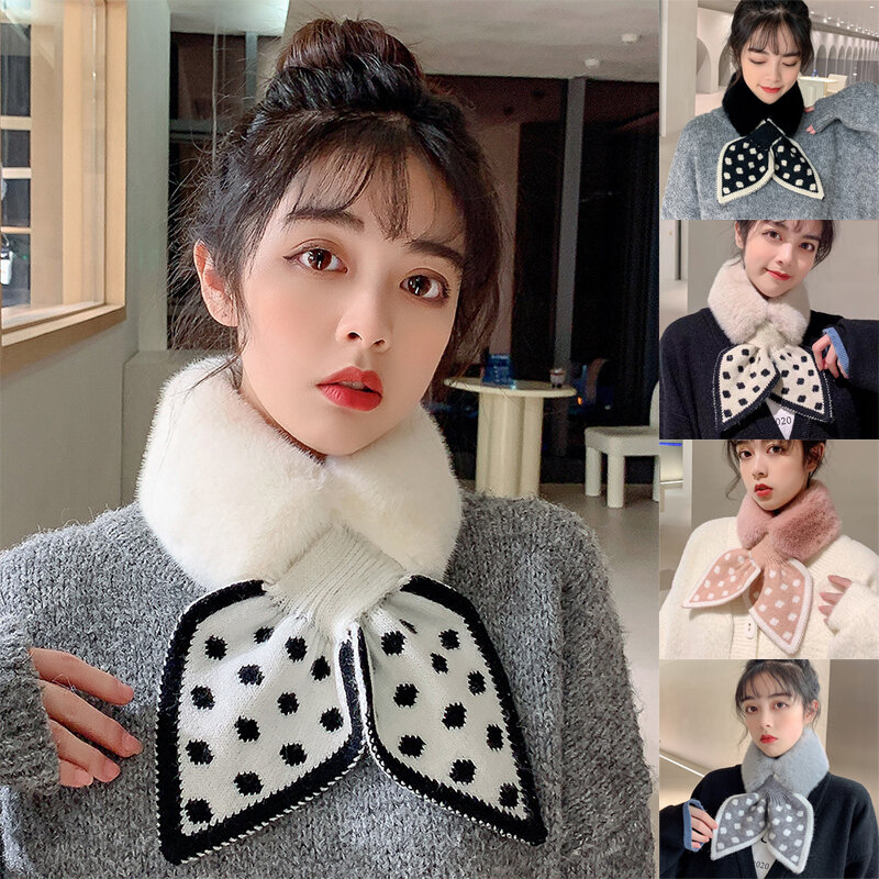 1PC Winter Dot Faux Fur Scarf Women Plush Warm Neck Collar Scarves Cross Polka Dot Scarves Knitted Scarfs for Ladies Keep Warm