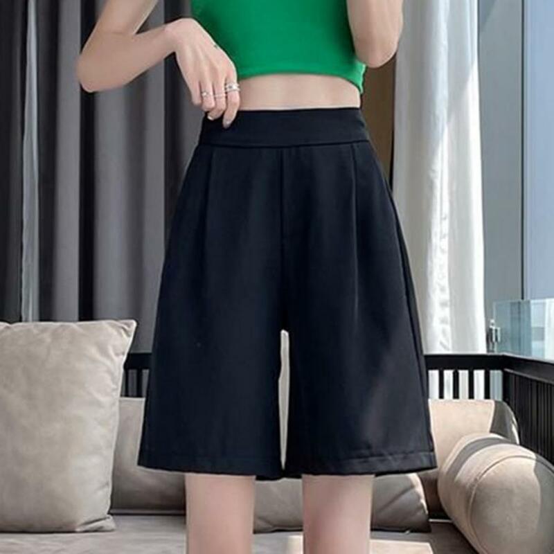 Celana pinggang tinggi A-line celana pendek musim panas dengan saku untuk wanita celana panjang lutut sejuk warna Solid elastis longgar untuk kenyamanan