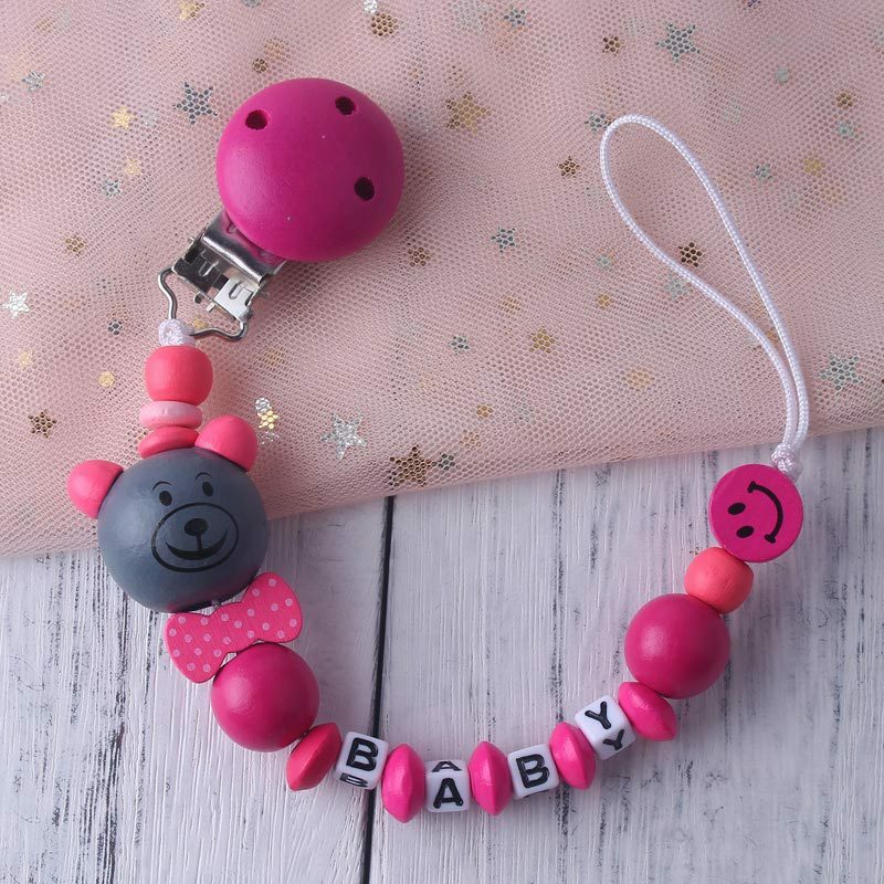 Personalized Name Handmade Wooden Pacifier Chain Cute Bear Clip Holder for Infant Baby Shower Gift