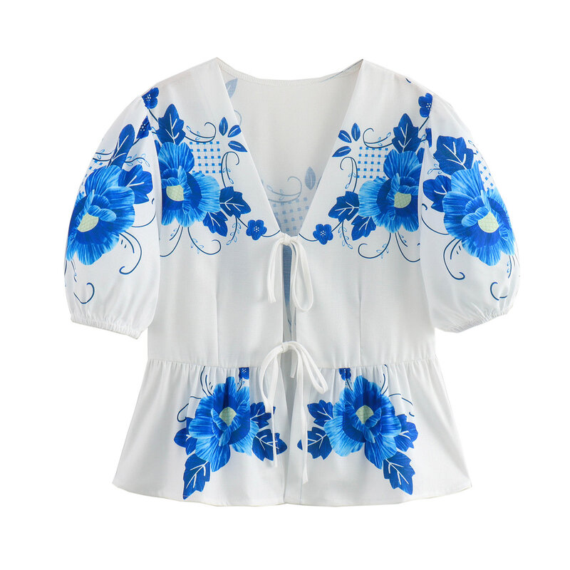 Dames Nieuwe Mode Bloemenprint Decoratie Korte Linnen Blend V-Hals Top Retro Korte Mouwen Dames Shirt Chique Top