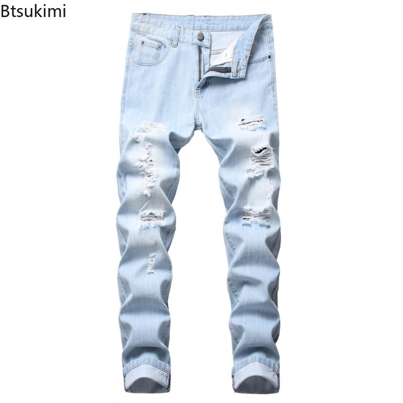 Новинка 2024, мужские повседневные джинсы, модные прямые брюки с дырками в стиле пэчворк, трендовая уличная одежда, мужские удобные универсальные облегающие джинсовые брюки