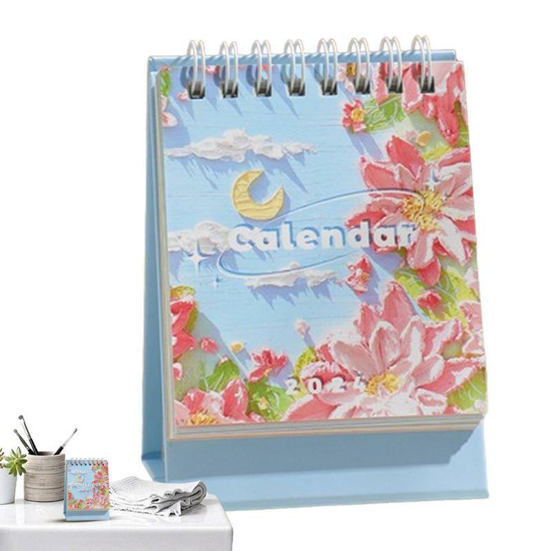 Pintura a óleo bonito Desk Calendar, pequeno calendário mensal, planejamento do trabalho, lista de afazer, portátil Calendar Table, 2024
