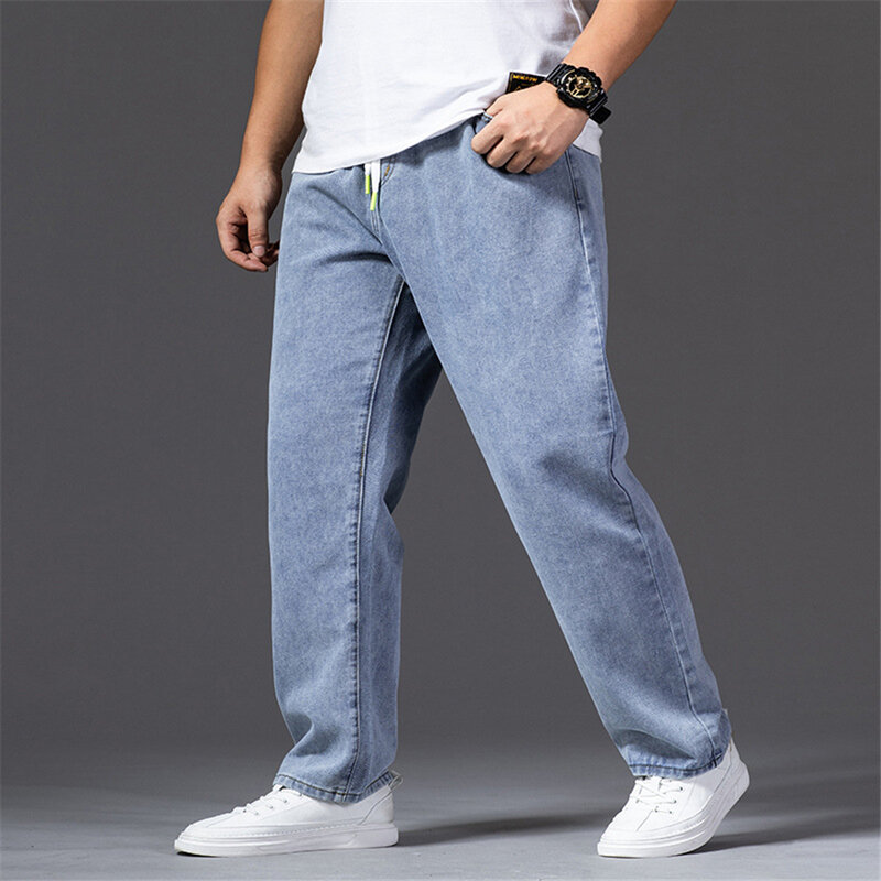 Baggy Jeans Men Denim Pants Plus Size 46 Fashion Casual Elastic Waist Jeans Male Solid Color Straight Pants Big Size 46