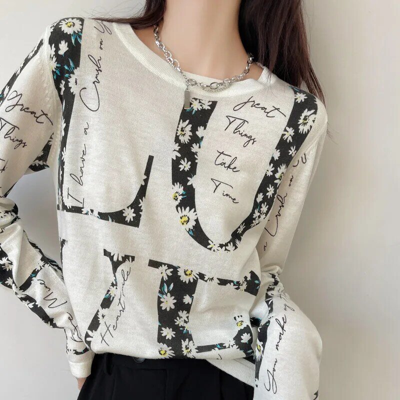 Sweter damski 2023 wiosenny i jesienny nowy sweter z wełny dopasowana, w stylu Casual dzianinowy długa koszula damski koszula z okrągłym dekoltem długi rękaw gorący