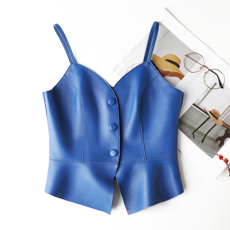 2023 New Style Women's Single Breasted Design Slim Waist Genuine Sheepskin Leather Small Sling Vest
