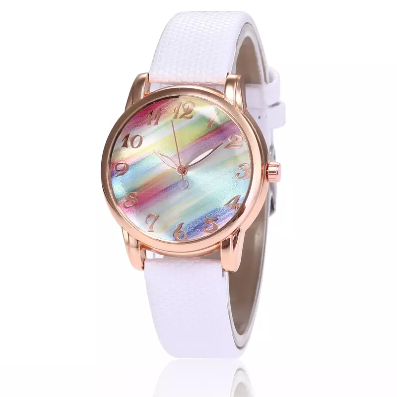 Relógio de pulso arco-íris feminino, pulseira de couro, relógios quartzo casual feminino, moda feminina