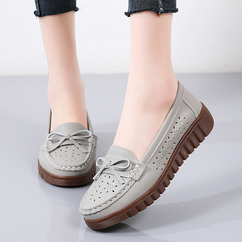 Womens Fashion Casual Flats Shoes Summer Black Slip on Soft soled non-slip shoes Hollow Breathable Leather Walking Lofers Shoes