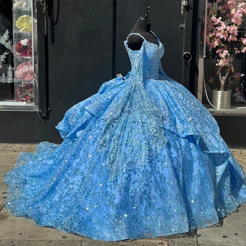 ชุดเดรสเจ้าหญิงสีฟ้าสำหรับชุดไปงานเต้นรำอ่อนหวานมีลูกไม้แสนหวาน16เดรสเดรสแม็กซิกัน