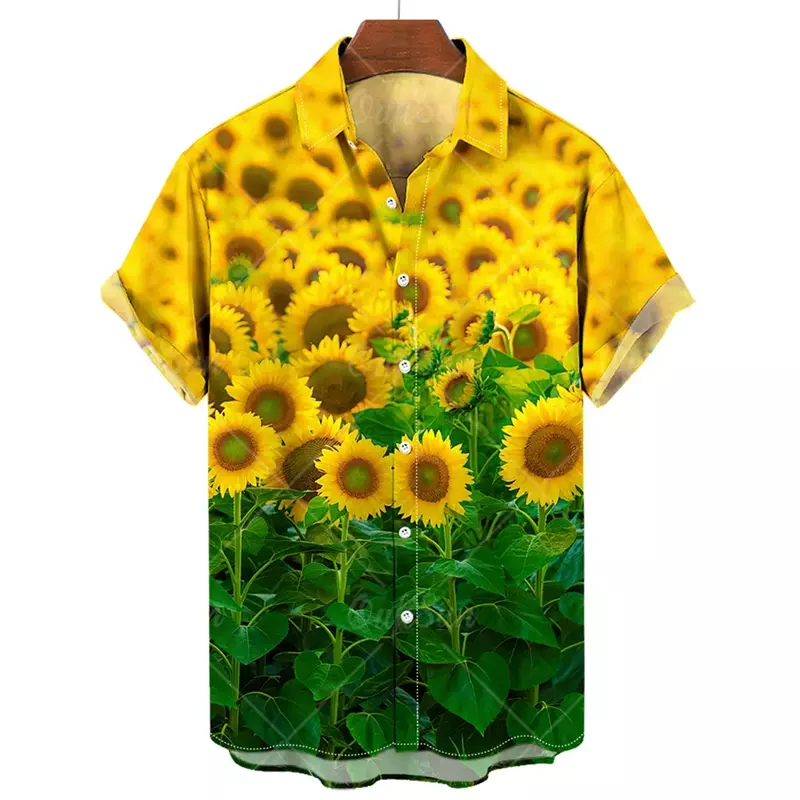 Men's Shirts Summer New Hawaiian Shirts Sunflower Print Shirts for Men Lapel Short Sleeve Men's Clothing Loose Oversized Tops