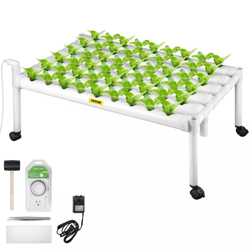 Hydroponic Site Grow Kit 1 Layer 54 Plant Sites, 6 PVC Pipes Indoor Plant Growing System,with Water Pump and Timer