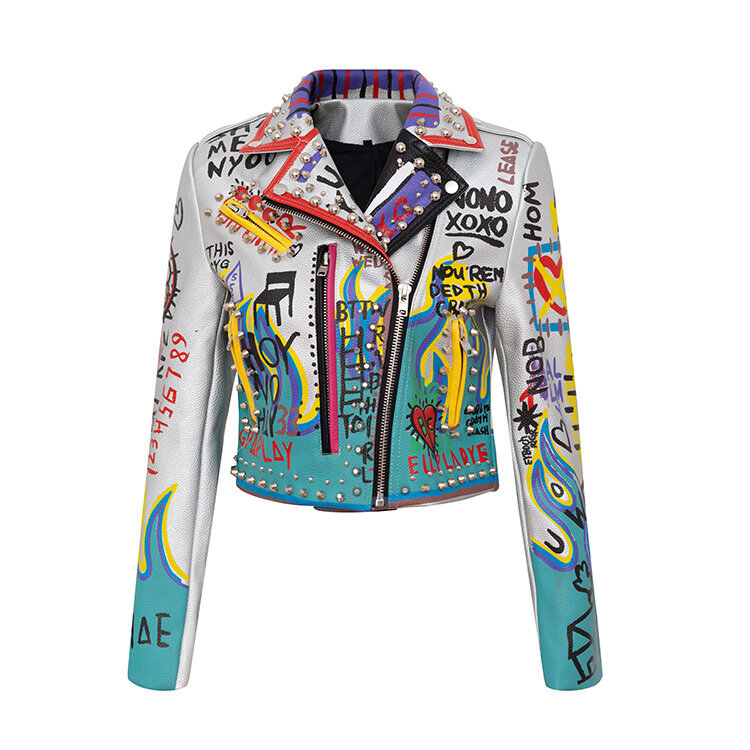 Jaket kulit Slim Fit perak wanita, jaket sepeda motor kontras bercetak, mantel Punk Rock, kualitas tinggi 2024