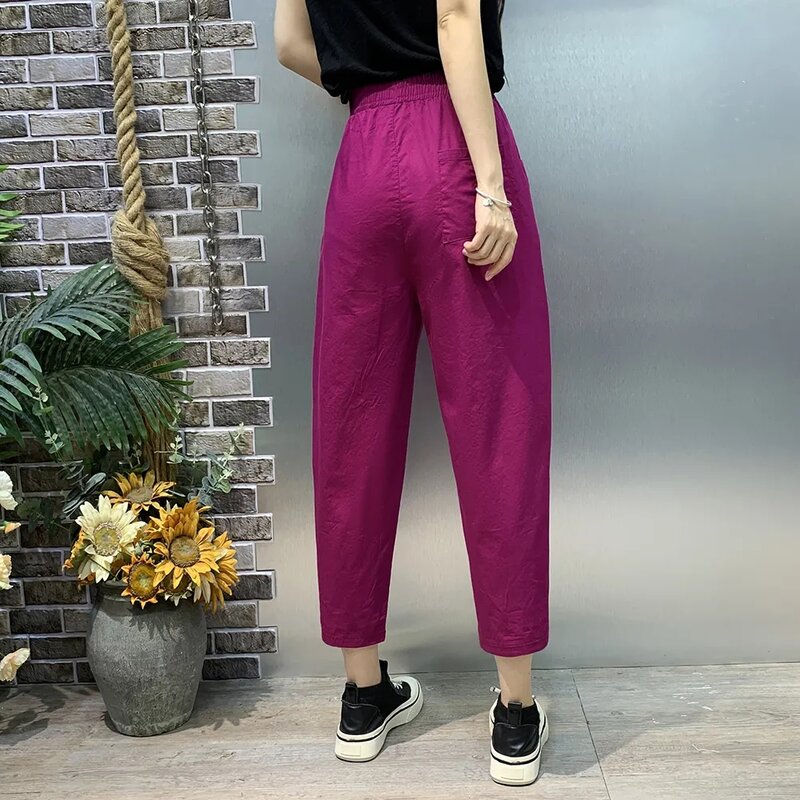 Summer New Women Pants Fashion Casual Thin Ankle-Length Pants Elastic High Waist Middle-aged Mother Cotton Harem Pants Female