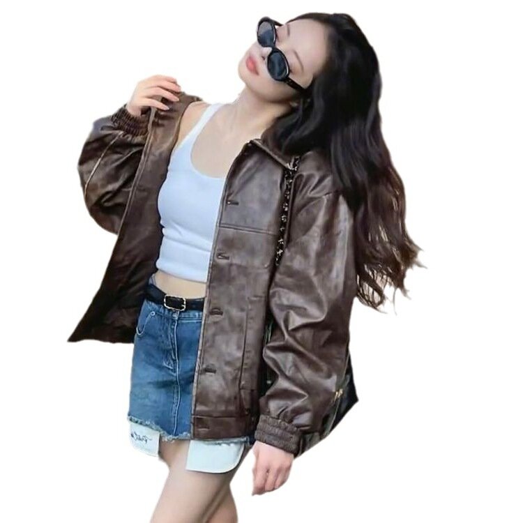 Early autumn women's clothing  Fashion new unique and super beautiful American niche small fragrant brown leather jacket