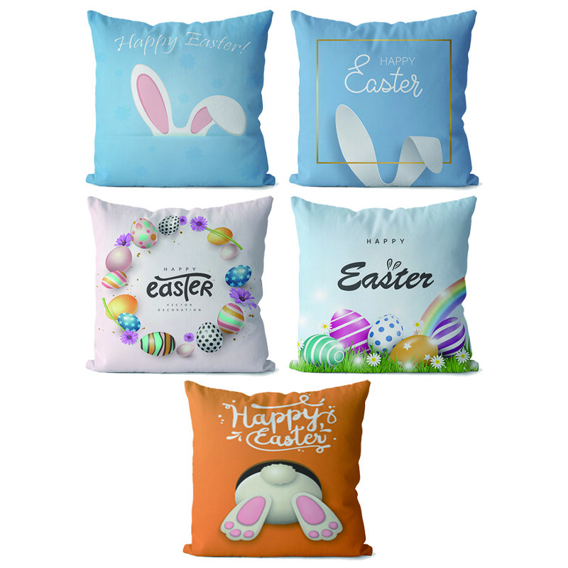Happy Easter Egg Rabbit Ear Pattern Printed Soft Square Pillowslip Polyester Cushion Cover Pillowcase Living Room Home Decor