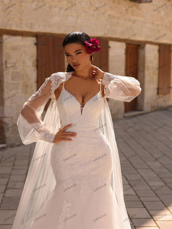 Wykwintne suknie ślubne w stylu Vintage suknie ślubne koronkowe aplikacje długi bufiaste rękawy płaszcz syrenka kochanie szata Vestidos De Novia