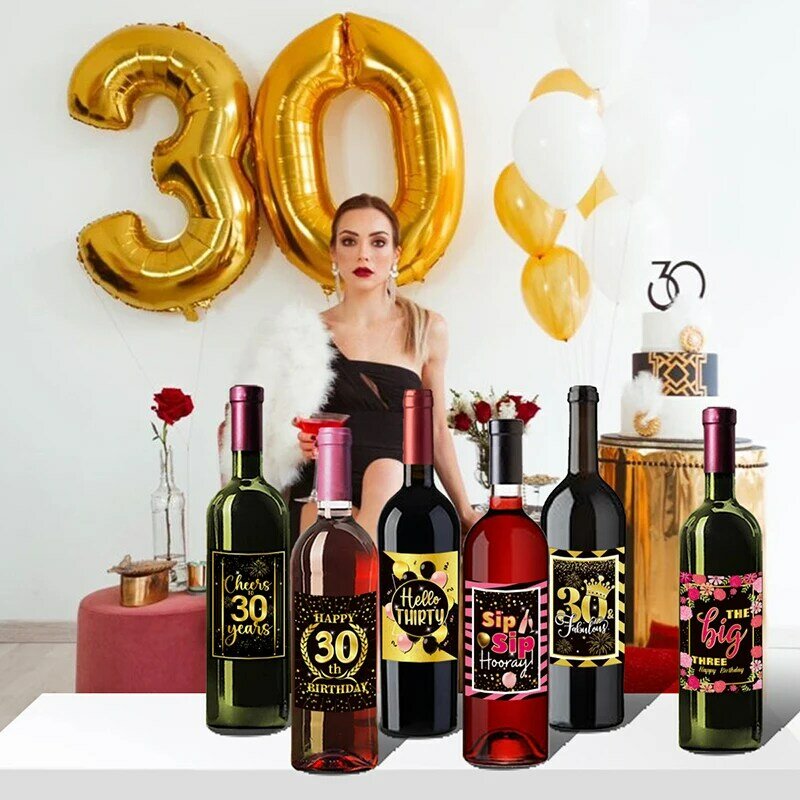 Etiquetas para botellas de vino, suministros para fiestas de cumpleaños, 6 piezas, 30, 40, 50, 60 cumpleaños