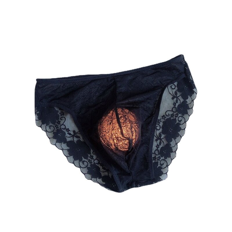 New Trendy Men's Underwear Briefs Sexy Transparent Jacquard Breathable Printed Lace Triangle U Convex Lace Edge Micro Thong