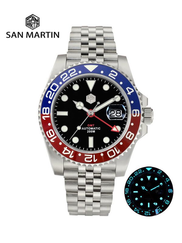 San Martin GMT Роскошные мужские часы юбилейный браслет двунаправленный керамический ободок сапфировый Циклоп Водонепроницаемый 20 бар BGW-9 светящийся