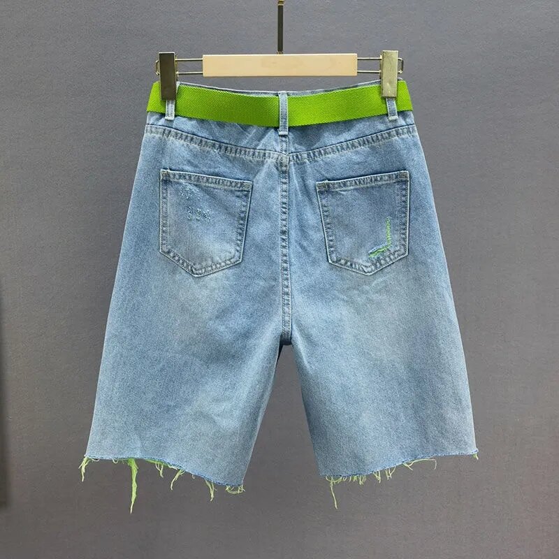 Shorts jeans femininos com piercing de diamante, cintura alta, frisados de cinco capris, calça curta feminina casual, solta, nova, verão, 2024