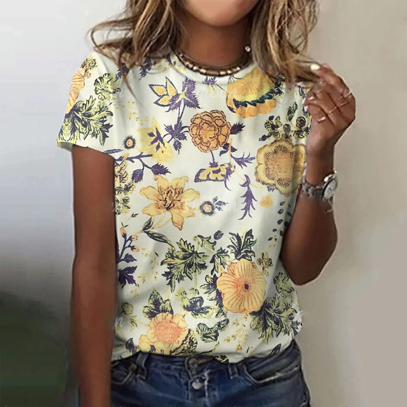 Camiseta feminina de manga curta com gola redonda, roupa casual solta, estampa floral, top confortável, moda verão