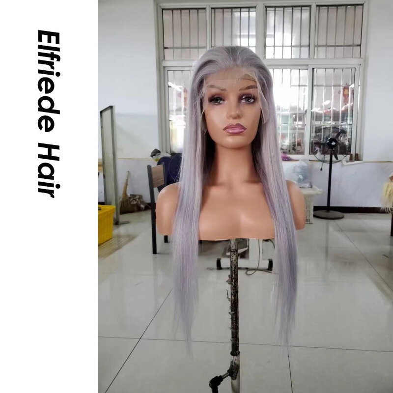Elfriade-Peluca de cabello humano liso para mujer, postizo de encaje Frontal, color gris puro, precoloreado, 4x4, 13x4, 13x6, HD, 100% Remy