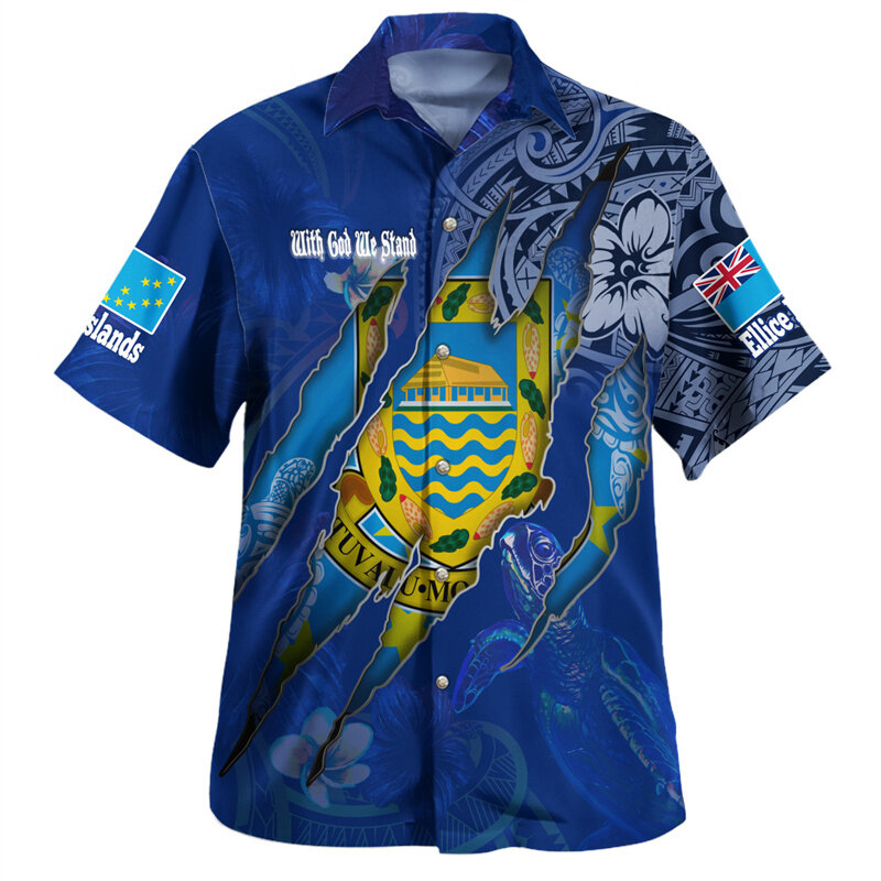 Summer Vintage 3D Polynesian Tuvalu Emblem Printed Shirts Tuvalu Flag Graphic Short Shirts Men Fashion Streetwear Shirts Blouses