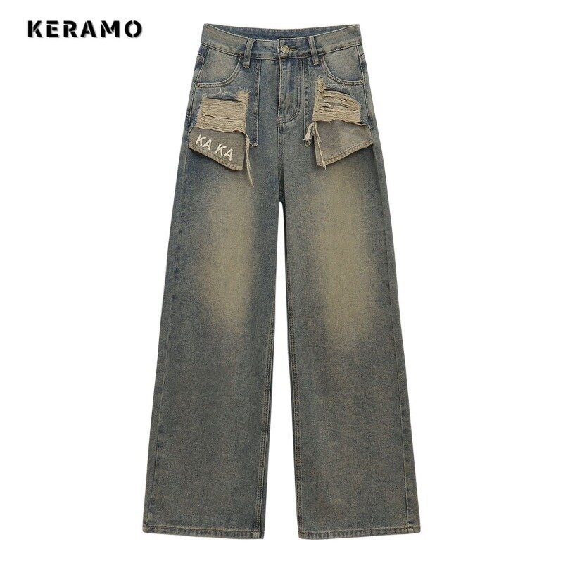 Jeans rasgado de cintura alta feminino, calças largas, perna larga, calça jeans grunge, American Vintage, casual, anos 2000, Y2K, rua alta