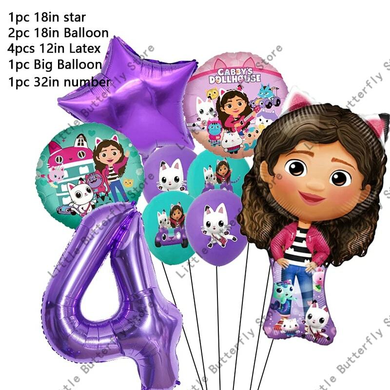 Gabby Dollhouse Cats Number Balloon decorazione per feste di compleanno per bambini palloncini in alluminio in lattice Set di palloncini per bambole da ragazza Gabby