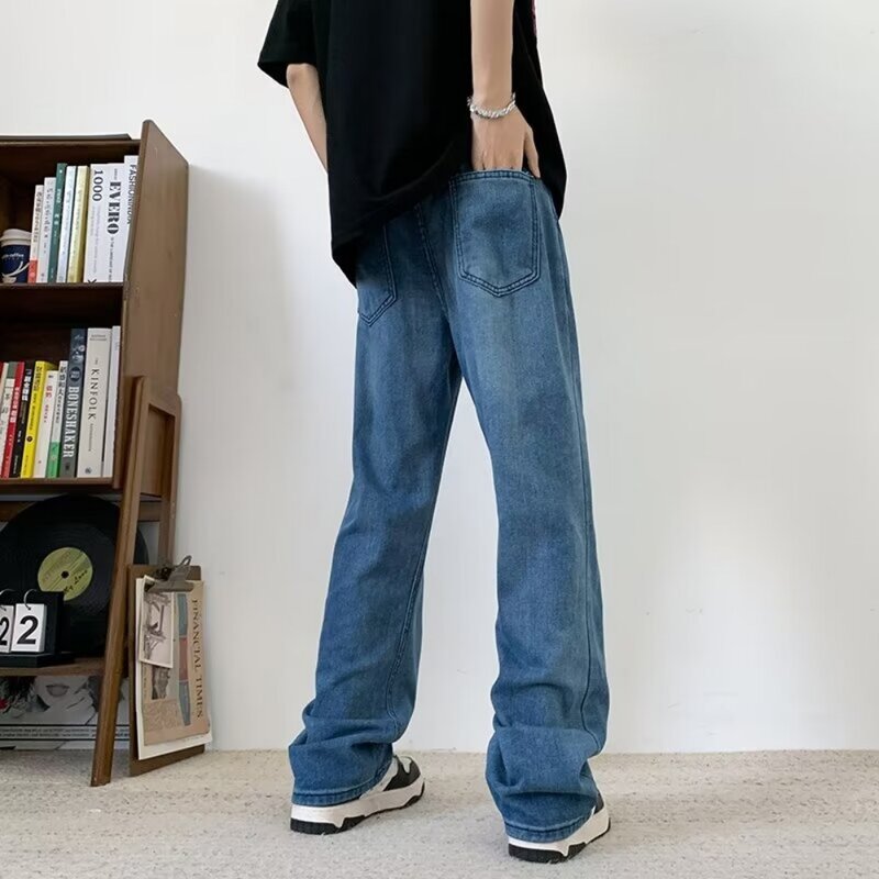 Calça jeans de perna larga masculina, jeans reto solto, streetwear azul retrô, roupas de bolso da moda, verão