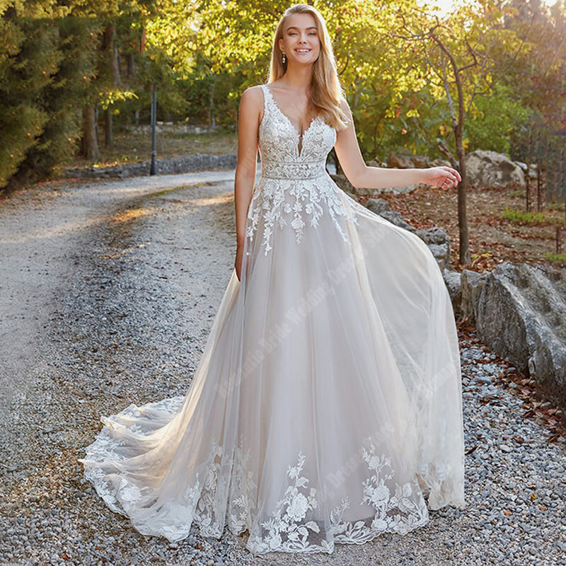 Sparkle V-Neck Wedding Dresses For Women Glitter Tulle Bridal Gowns  Elegant A-line Spaghetti Shoulder Straps Vestidos De Novias