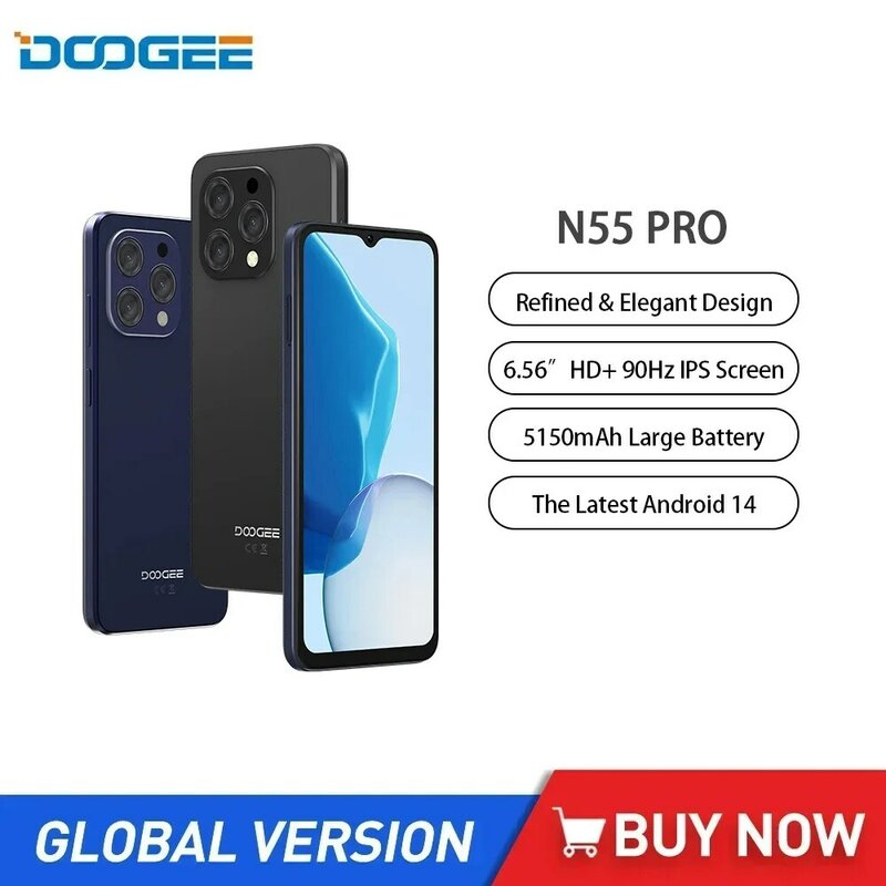 DOOGEE N55 Pro ponsel cerdas Android, ponsel pintar Octa Core 6.56 inci 6GB + 256GB pembuka kunci wajah, baterai 5150mAh, versi Global 13MP