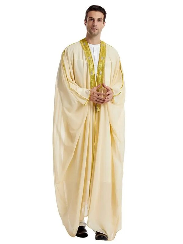 Ramadan Thobe Men's Embroidered Contrast Color Long-sleeved Cape Robe, Men's Abaya Burqa