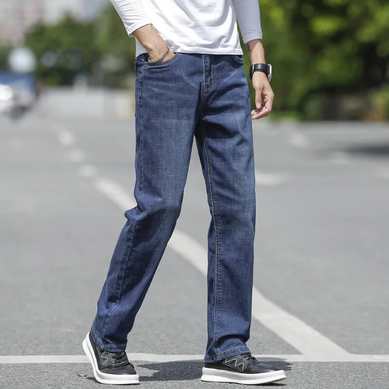 Брюки мужские джинсовые стрейчевые, модные прямые штаны россыпью, свободные брюки из денима, большие размеры до 42, цвет голубой, на осень