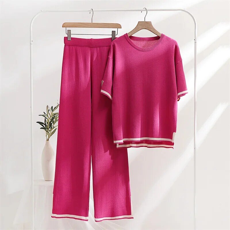 2024 New Women's Round Neck Color Short-sleeved Two-piece Set Simple Loose Short-sleeved Sweater Top High Waist Wide Back Pants