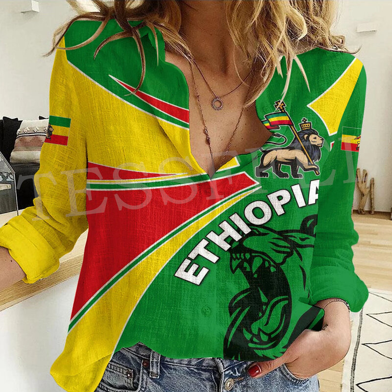 Camisa informal de manga larga para mujer, camisa con botones, estampado Retro 3D, tatuaje de León, África, república de Etiopía, Tigary, Rasta, Reggae, M
