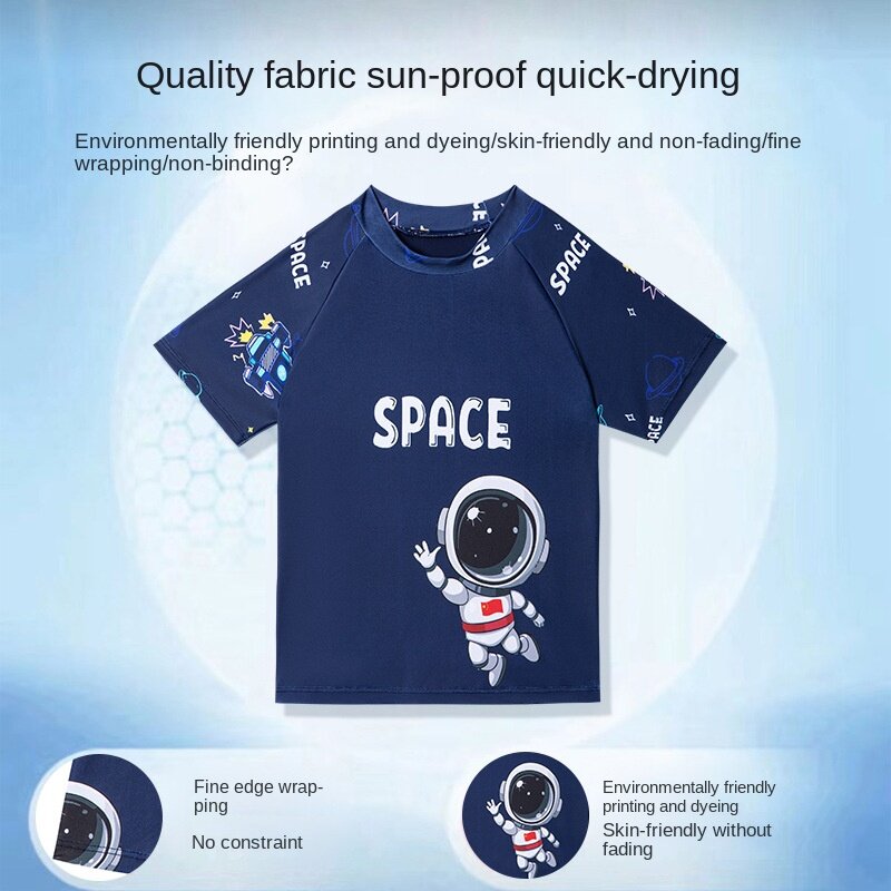 男の子のための印刷された宇宙飛行士水着、小さな宇宙船、10代の子供のツーピース水着、学生トレーニング水着、2-14Y