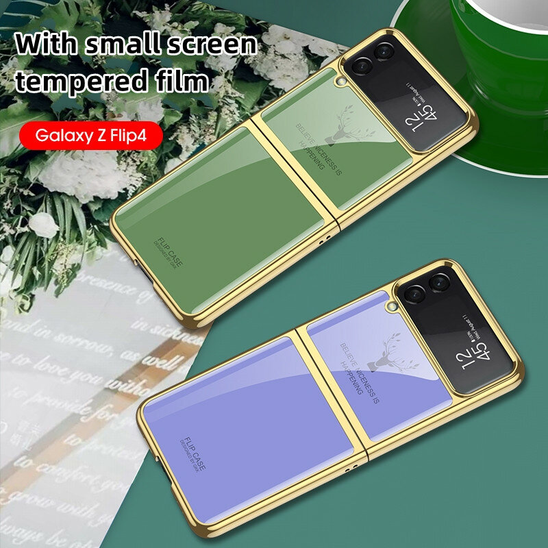Funda de teléfono con dibujo de ciervo para Samsung Galaxy Z Flip 4, carcasa de vidrio templado a prueba de golpes, protector a prueba de arañazos, funda abatible, regalo
